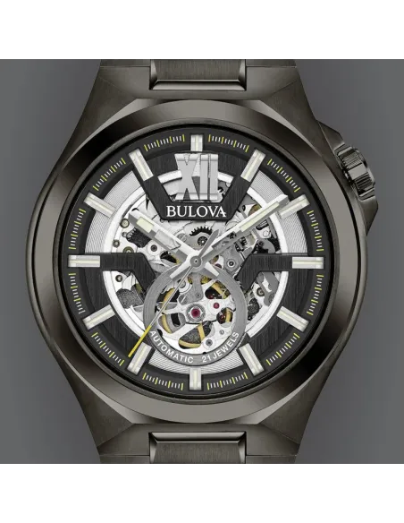 Reloj automático hombre Bulova Skeleton Gunmetal 98A179 46mm  Cristal de Zafiro correa de acero 100m WR
