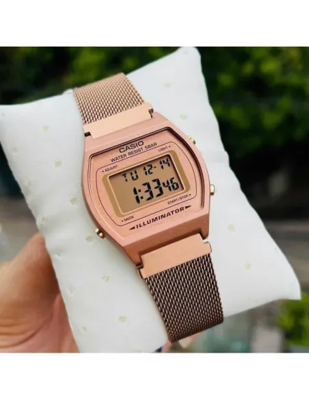 reloj mujer Casio B640WMR-5A Oro RosaRetro Vintage alarma Luz de fondo LED correa de acero milanesa