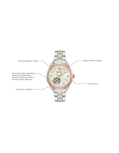 Reloj automático para mujer Bulova 98P170 35mm Madreperla Cristal de zafiro 30m