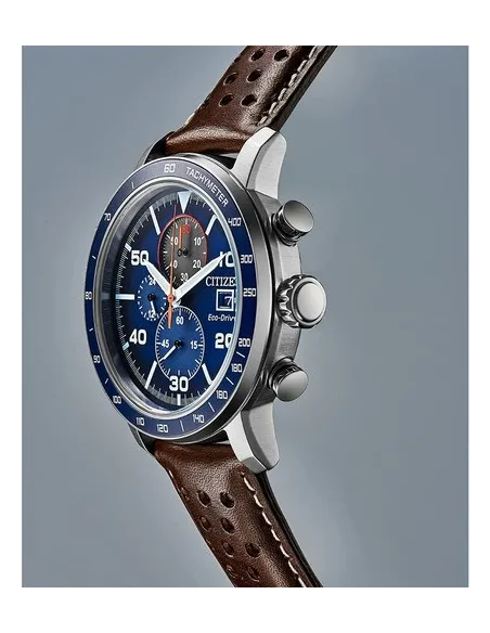 Reloj hombre Citizen Ecodrive Brycen CA0648-09L 44mm dial azul correa de cuero Taquímetro 100m