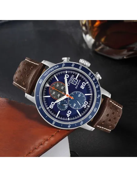 Reloj hombre Citizen Ecodrive Brycen CA0648-09L 44mm dial azul correa de cuero Taquímetro 100m