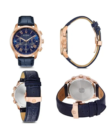 reloj deportivo hombre Bulova Wilton 97B170 45.5mm dial azul Cronógrafo  30m WR correa de cuero