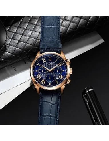 reloj deportivo hombre Bulova Wilton 97B170 45.5mm dial azul Cronógrafo  30m WR correa de cuero