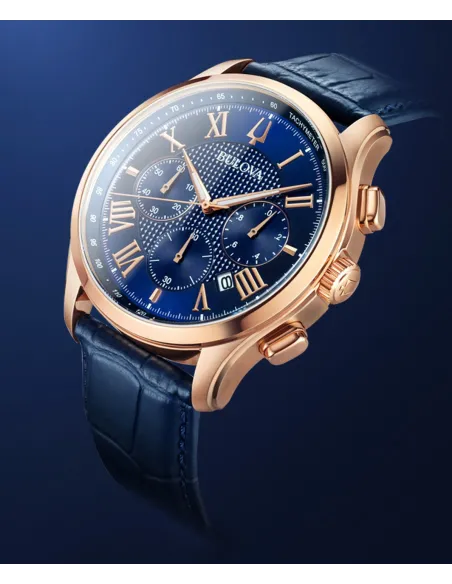 reloj deportivo hombre Bulova Wilton 97B170 45.5mm dial azul Cronógrafo  30m WR correa de cuero
