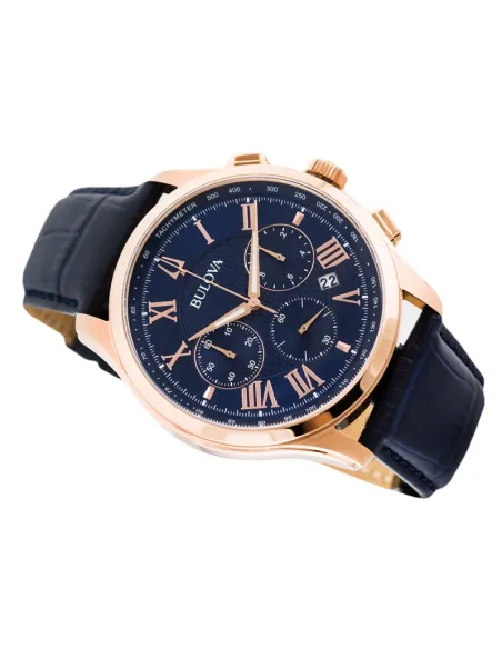 reloj deportivo hombre Bulova Wilton 97B170 45.5mm dial azul Cronógrafo  30m WR correa de cuero