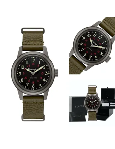 Reloj automático hombre Bulova Hack Military 98A255 38mm dial negro correa de tela 30m WR