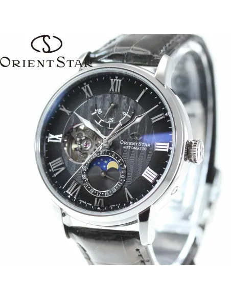 Reloj automático hombre Orient Star Sun Moon RK-AY0104N JDM 41mm 50m WR cristal de zafiro correa piel cocodrilo