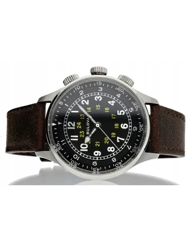 Reloj de Aviador hombre automático Bulova Pilot A-15 96A245 42mm dial negro Cristal de zafiro 30m WR correa de cuero
