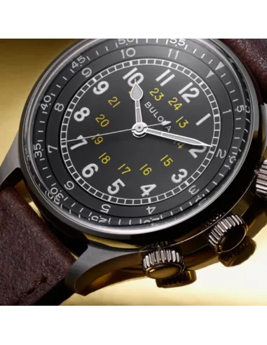 Reloj de Aviador hombre automático Bulova Pilot A-15 96A245 42mm dial negro Cristal de zafiro 30m WR correa de cuero