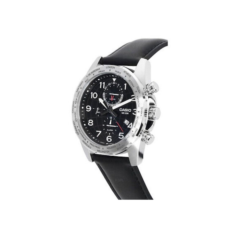 Casio MTP-W500L-1AV 43.9mm Hora Mundial 50m WR correa de cuero Indicador de batería Alarma
