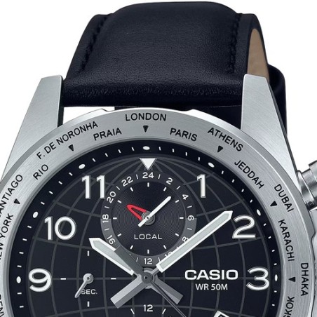 Casio MTP-W500L-1AV 43.9mm Hora Mundial 50m WR correa de cuero Indicador de batería Alarma