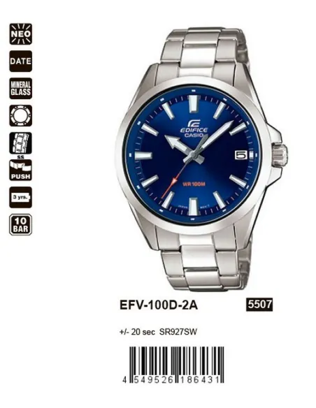 reloj deportivo hombre Casio Edifice EFV-100D-2A 42mm 100m WR correa de acero