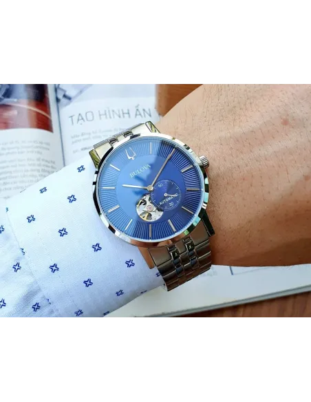 Reloj automático hombre Bulova Clipper 96A247 42mm dial azul correa de acero 30m WR