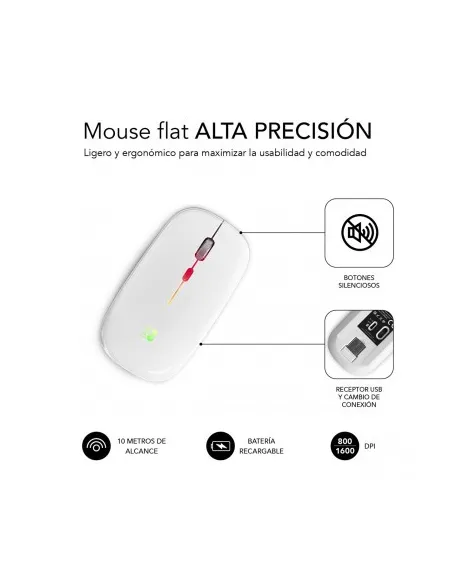 Ratón LED Dual Flat Mouse - Conexión Dual - Silent Click - Iluminación LED en 7 colores