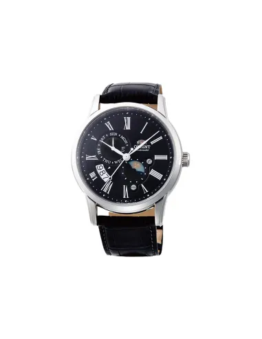 reloj automático hombre Orient Sun & Moon RA-AK0010B dial negro 42.5mm Cristal Zafiro correa cuero 50m