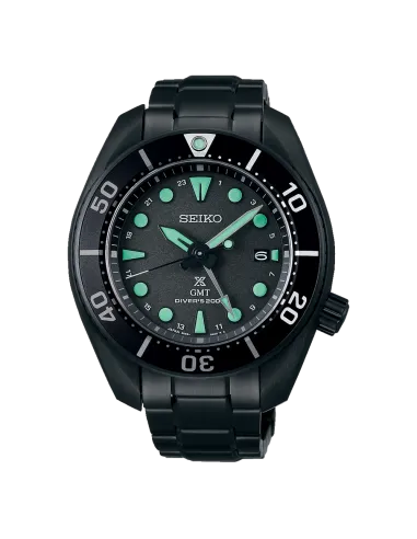 reloj hombre buceo solar Seiko Prospex Solar GMT  The Black Series SBPK007 JDM 45mm 200m WR cristal de zafiro