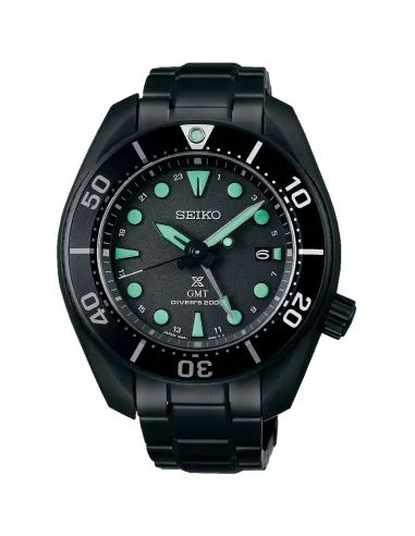 reloj hombre buceo solar Seiko Prospex Solar GMT  The Black Series SBPK007 JDM 45mm 200m WR cristal de zafiro