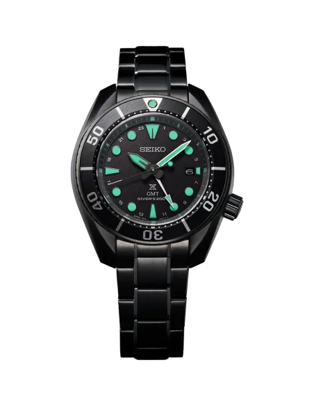 reloj hombre buceo solar Seiko Prospex Solar GMT  The Black Series SBPK007 JDM 45mm 200m WR cristal de zafiro