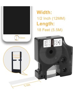 Dymo 18444 compatible cinta rotuladora cinta de vinilo, negro sobre blanco, 12mm 2